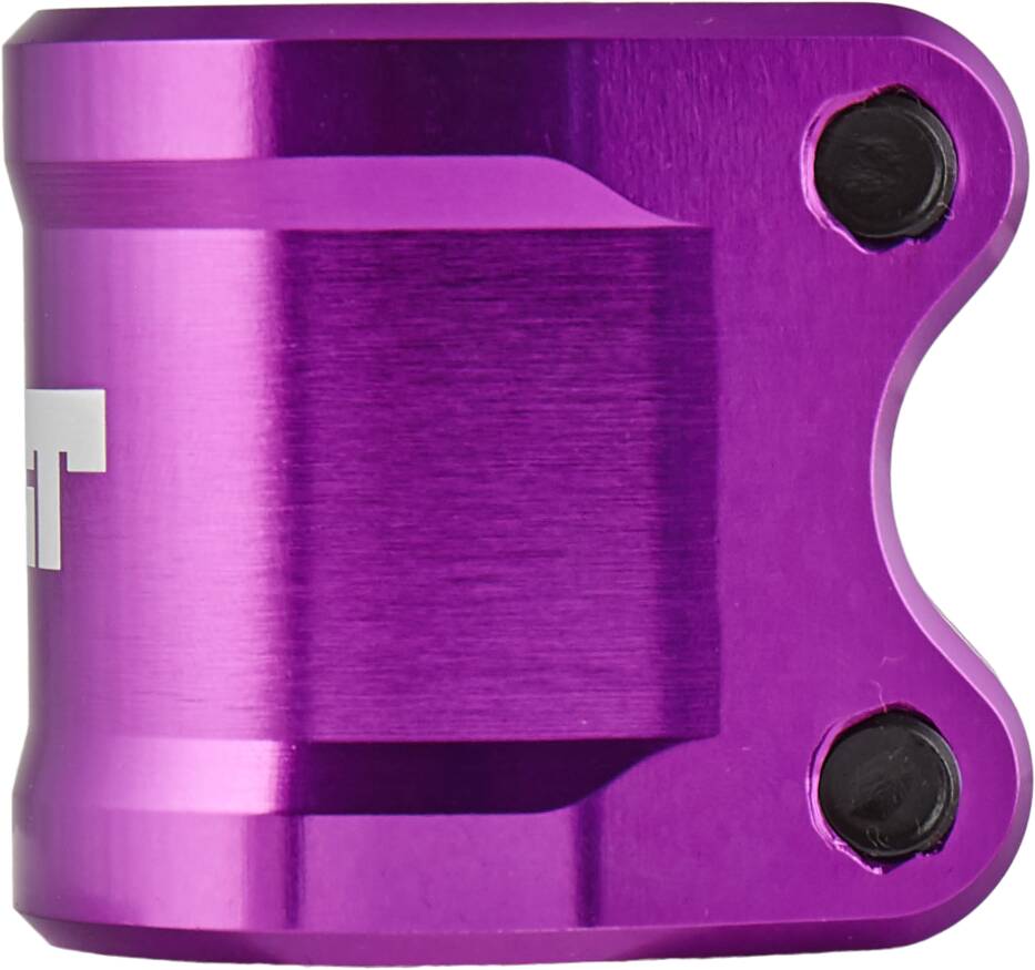 Close-up of the Tilt ARC 2 Bolt Oversized Stunt Scooter Clamp in a lightweight, metallic purple finish. Made from 6061 T6 Aluminium, this shiny cylindrical clamp is equipped with two black bolts to securely hold scooter handlebars.