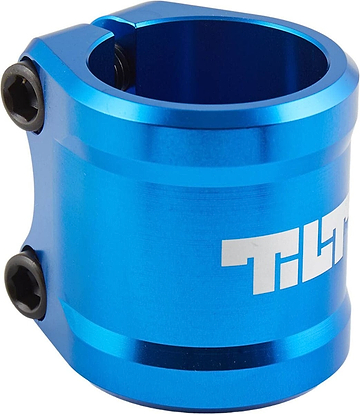 Close-up of the Tilt ARC 2 Bolt Oversized Stunt Scooter Clamp in blue metal, featuring two black bolts. The brand name "Tilt" is prominently displayed in white text on the side, offering a stylish and reliable solution for securing oversized bars.