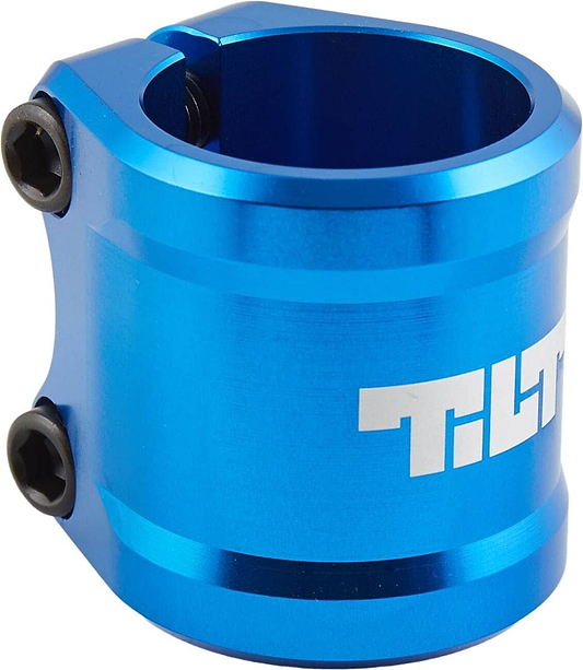 Close-up of the Tilt ARC 2 Bolt Oversized Stunt Scooter Clamp in blue metal, featuring two black bolts. The brand name "Tilt" is prominently displayed in white text on the side, offering a stylish and reliable solution for securing oversized bars.