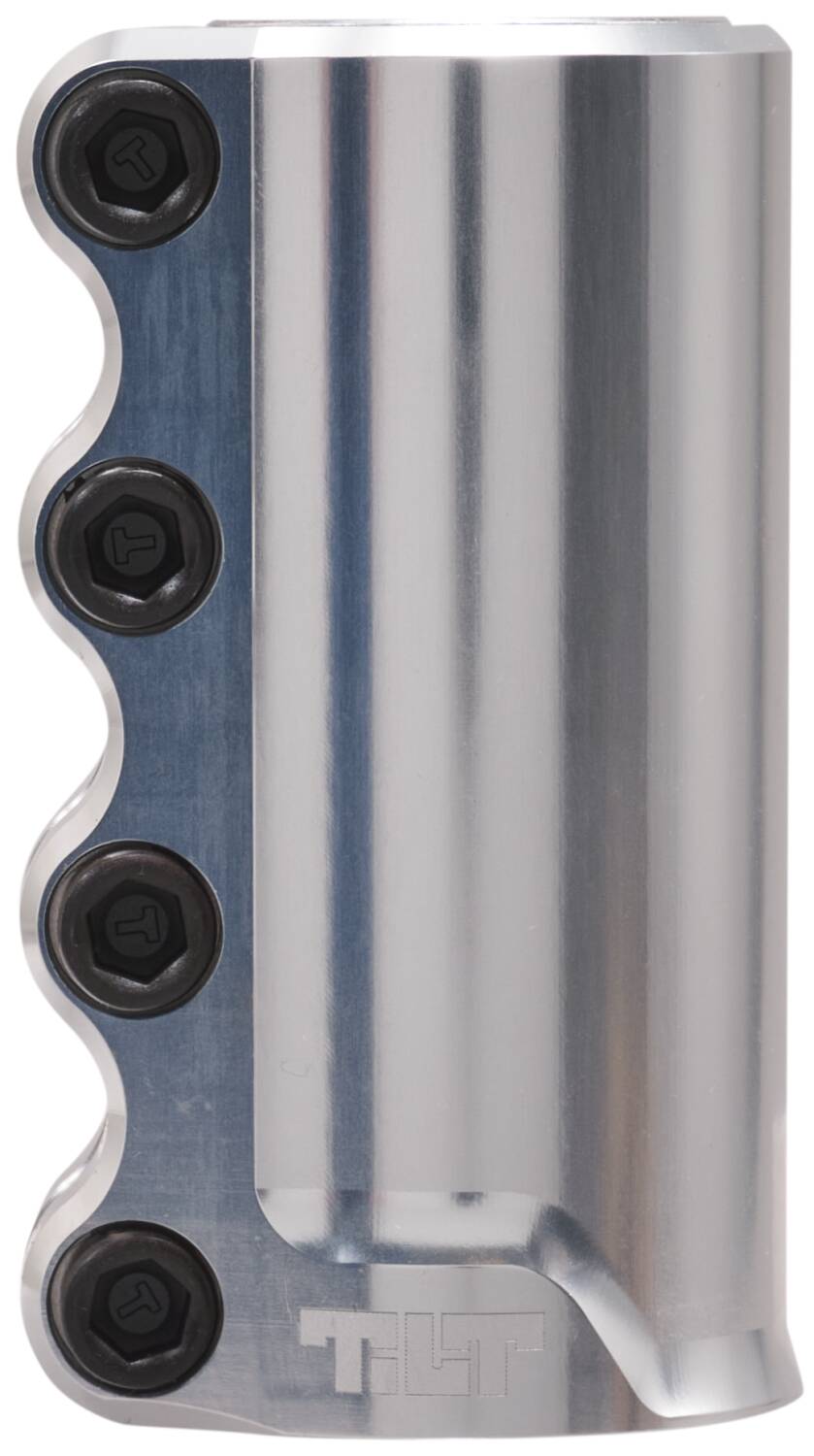 The Tilt Rigid 4 Bolt SCS Stunt Scooter Clamp in Chrome Silver is a sleek, lightweight accessory crafted from forged 6061 T6 Aluminium. It features four black bolts on the side, and its polished surface beautifully showcases the "TLT" engraving at the bottom, adding a touch of elegance.