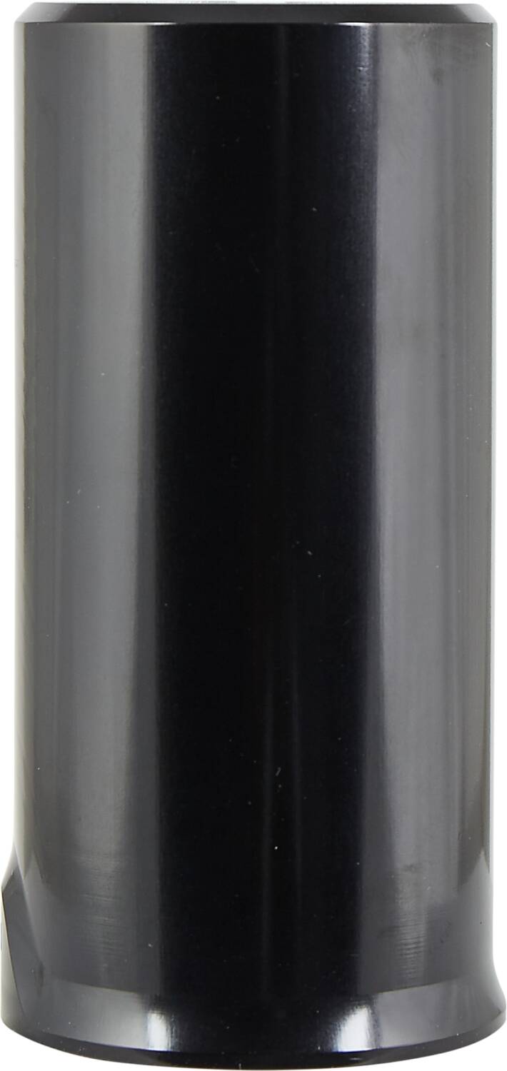 A sleek black cylindrical object with a shiny finish and minimalist design, similar to the lightweight Tilt Rigid 4 Bolt SCS Stunt Scooter Clamp by Tilt. Crafted from 6061 T6 Aluminium, the cylinder stands upright against a plain white background.