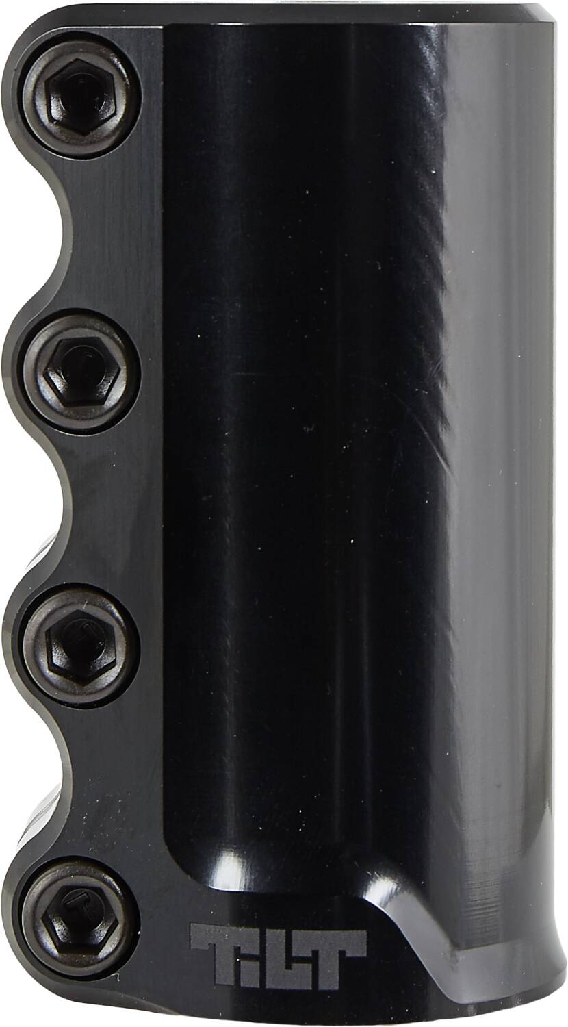 Close-up of the black Tilt Rigid 4 Bolt SCS Stunt Scooter Clamp by Tilt, crafted from Forged 6061 T6 Aluminium for a shiny finish. This lightweight clamp features four bolts aligned on the left side and has "TILT" printed at the bottom.