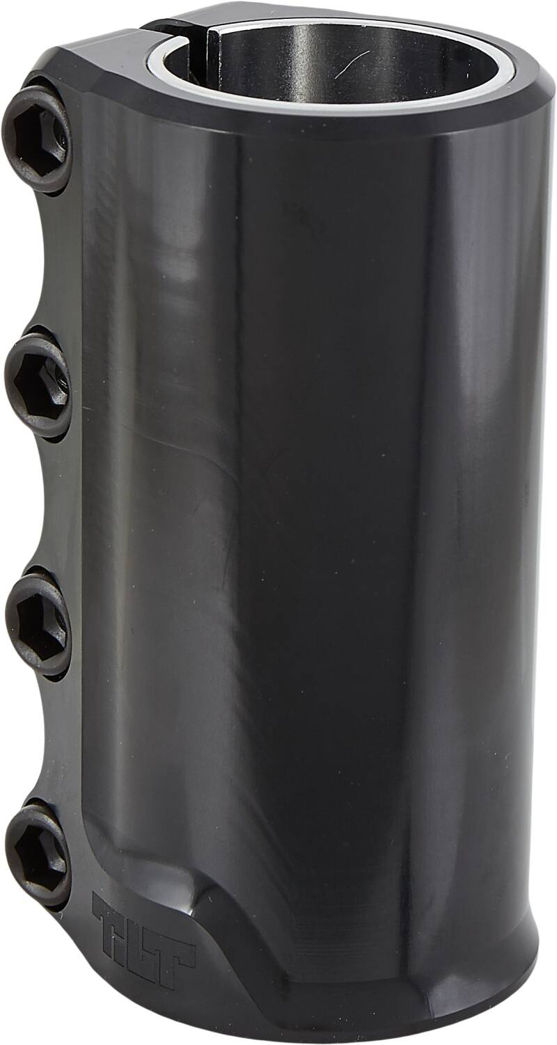 The Tilt Rigid 4 Bolt SCS Stunt Scooter Clamp by Tilt features a sleek black design, crafted from lightweight forged 6061 T6 aluminum. It is adorned with four hex bolts along the side and has "Tilt" elegantly embossed at the bottom. Its smooth, glossy finish enhances both style and performance.