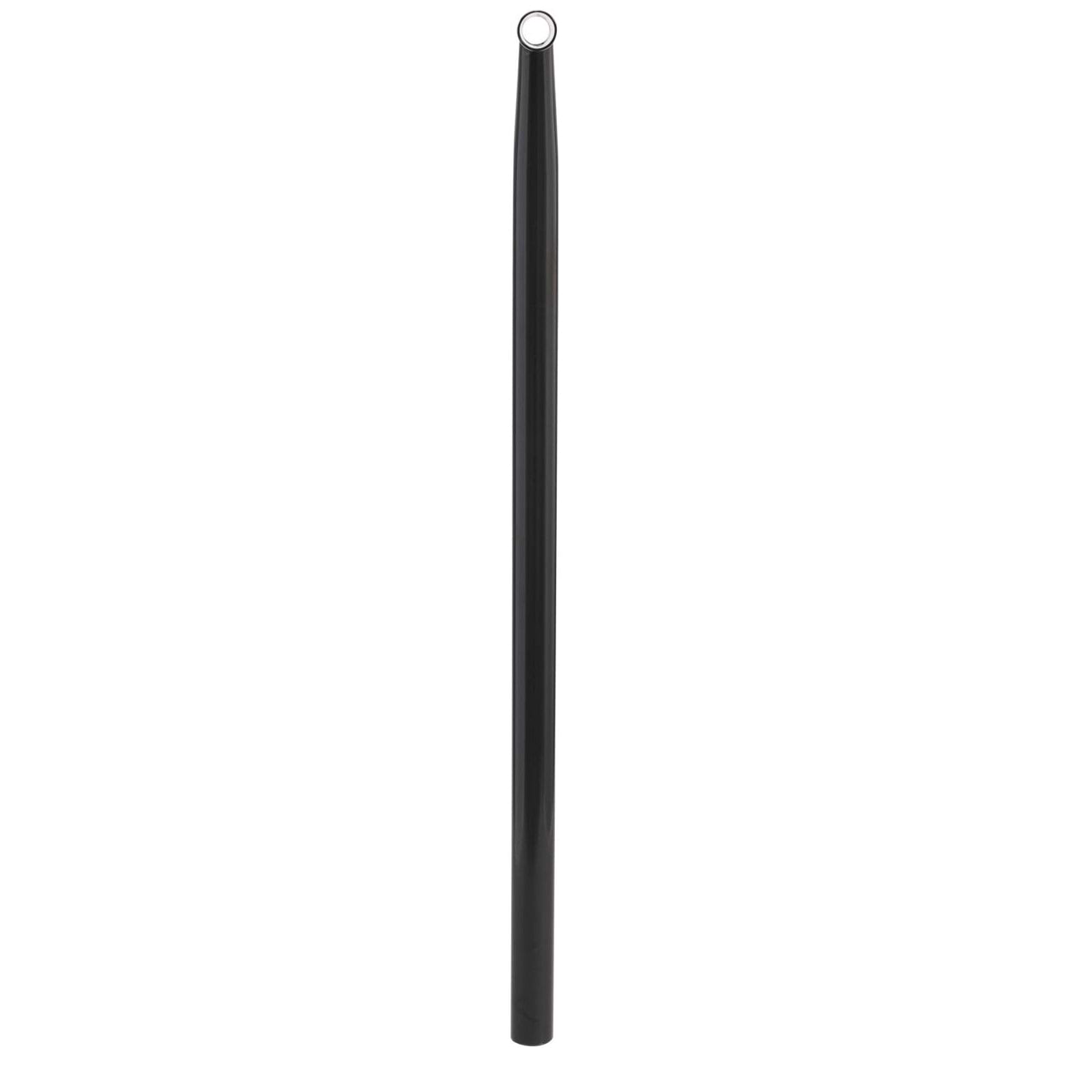 A sleek, black taper candle with a pointed tip and a wick at the top. Crafted with the elegance of Tilt's Stage I Steel Standard SCS Stunt Scooter Bars in Black, it stands unlit and vertically against a plain white background.