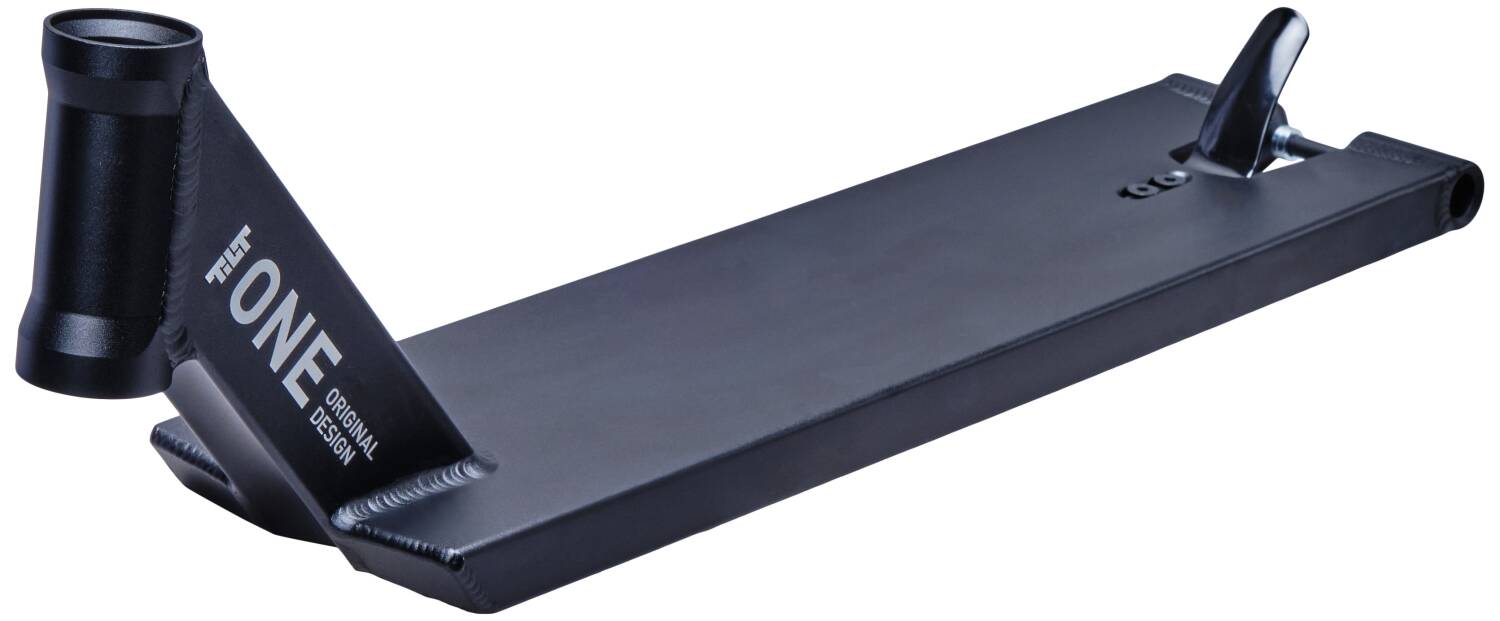 The Tilt Stage 1 Black Stunt Scooter Deck, measuring 5.5" x 21", features a box-cut design for superior street performance. This black scooter deck showcases the word "ONE" on its side and includes a robust headtube designed for handlebars. Its polished finish is enhanced by the addition of a rear brake for full control.