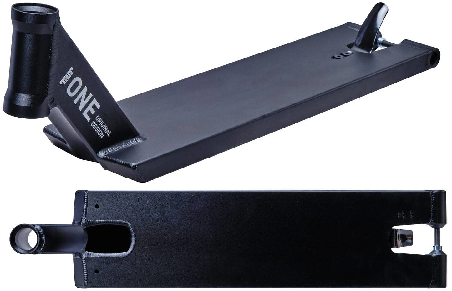 Here's a rephrased version of the sentence using the provided product data:

A pair of perspectives on the Tilt Stage 1 Black Stunt Scooter Deck, sized at 5.5" x 21", exhibit its sleek, box-cut design. The top surface is flat with a subtle logo accentuation, whereas the underside showcases structural details and attachment areas for wheels, all engineered for peak street performance.