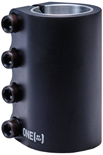The Tilt Stage 1 Pro 4 Bolt SCS Stunt Scooter Clamp in black is a sleek cylindrical metal piece with four hex screws on one side. The phrase "ONE BY TILT" is elegantly printed in white near the bottom, offering a personalized scooter flair, while the open top reveals its silver interior.