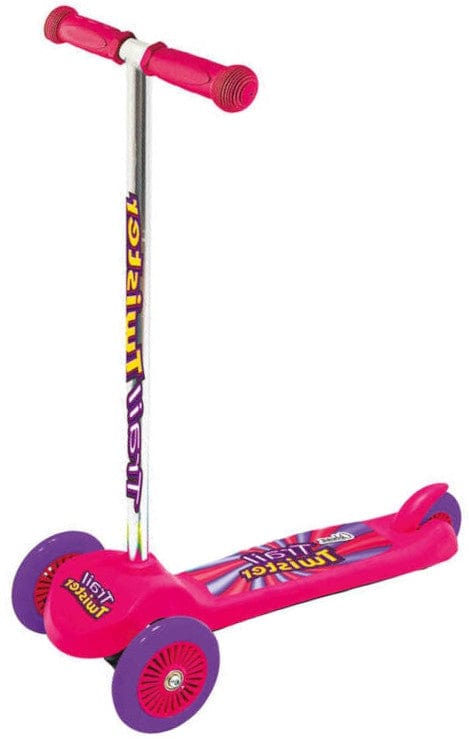Introducing the Ozbozz Trail Twist V4 Kids Tri-Scooter in Pink, a child’s tilt-to-steer scooter with a strong handlebar and three wheels designed to improve balance and coordination. The deck features colorful graphics, while the handle grips and wheels are pink, prominently displaying the "Ozbozz" brand on the stem.
