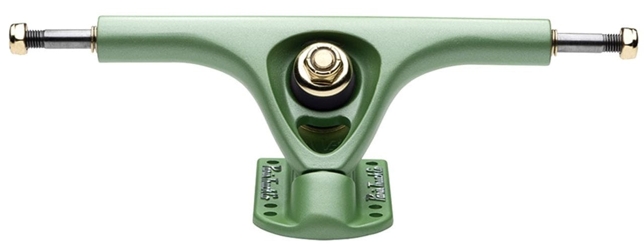A Tropic Green Paris V3 longboard truck with a silver axle and black bushings. The baseplate features branding, and the 180mm truck includes gold-colored screws on each side, enhanced with durable urethane components for a smooth ride.