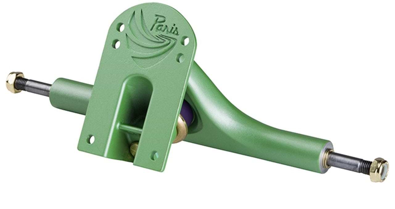 Paris V3 Tropic Green Longboard Trucks feature a logo engraved on the baseplate and silver axles. Specifically designed for use on skateboards or longboards, these trucks are equipped with urethane components that connect to wheels for optimal steering capability.