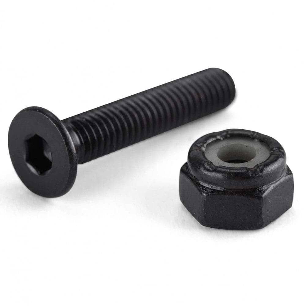 On a white background, an Osprey Skateboard Allen Truck Bolt in black, paired with a matching hex nut featuring a nylon insert, is displayed. The screw includes an Allen bolt head design ideal for secure fastening on skateboards or risers.