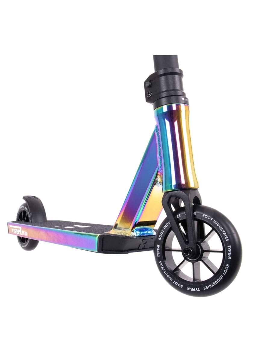 Close-up of the front section of the Root Industries Type R MINI Complete Stunt Scooter - Rocket Fuel Neochrome.