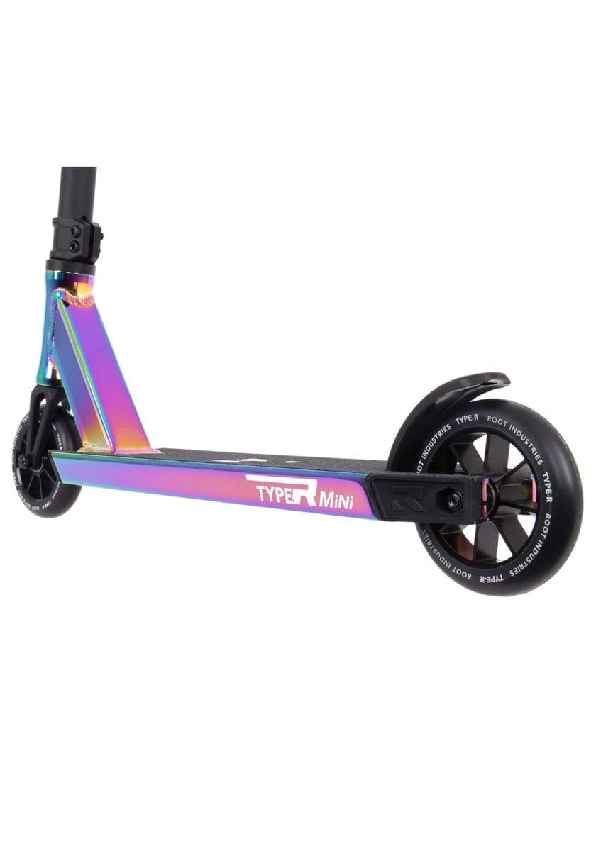The Root Industries Type R MINI Complete Stunt Scooter in Rocket Fuel Neochrome boasts a vibrant rainbow metallic finish.