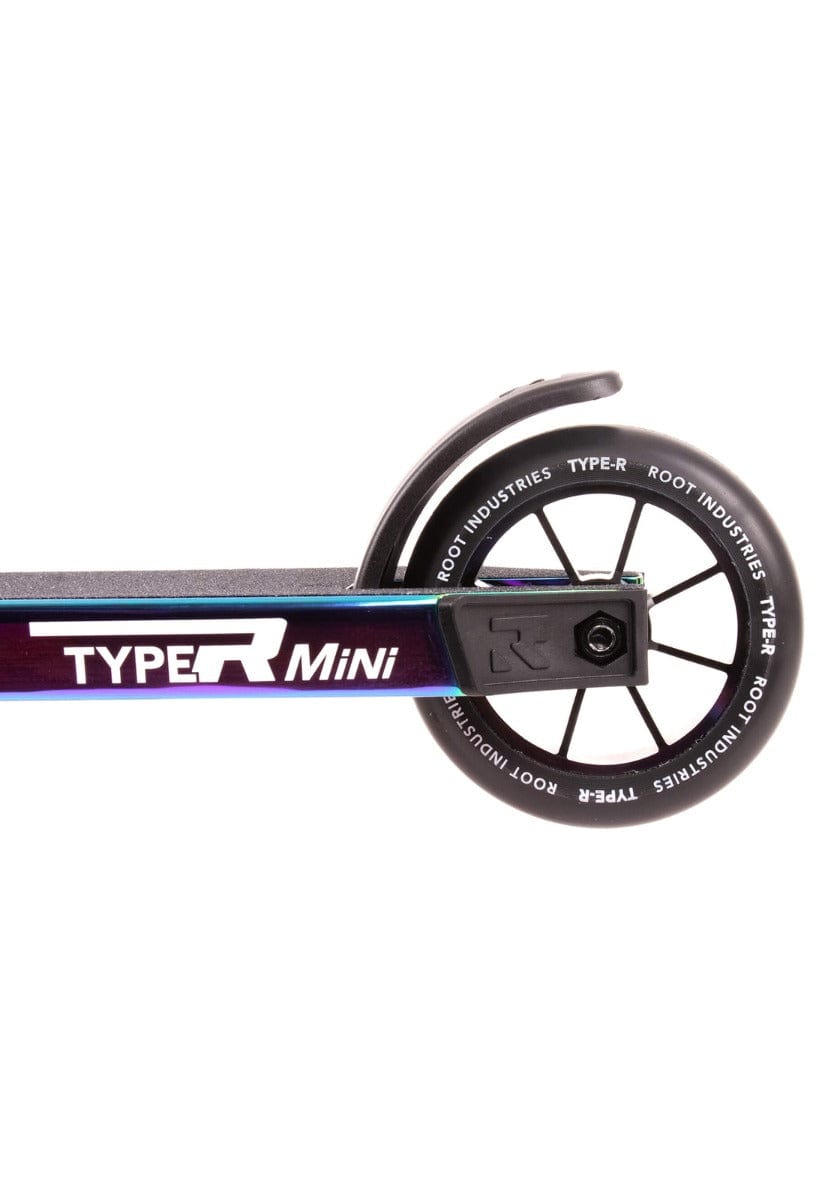 Close-up of a black scooter wheel from the Root Industries Type R MINI Complete Stunt Scooter - Rocket Fuel Neochrome.