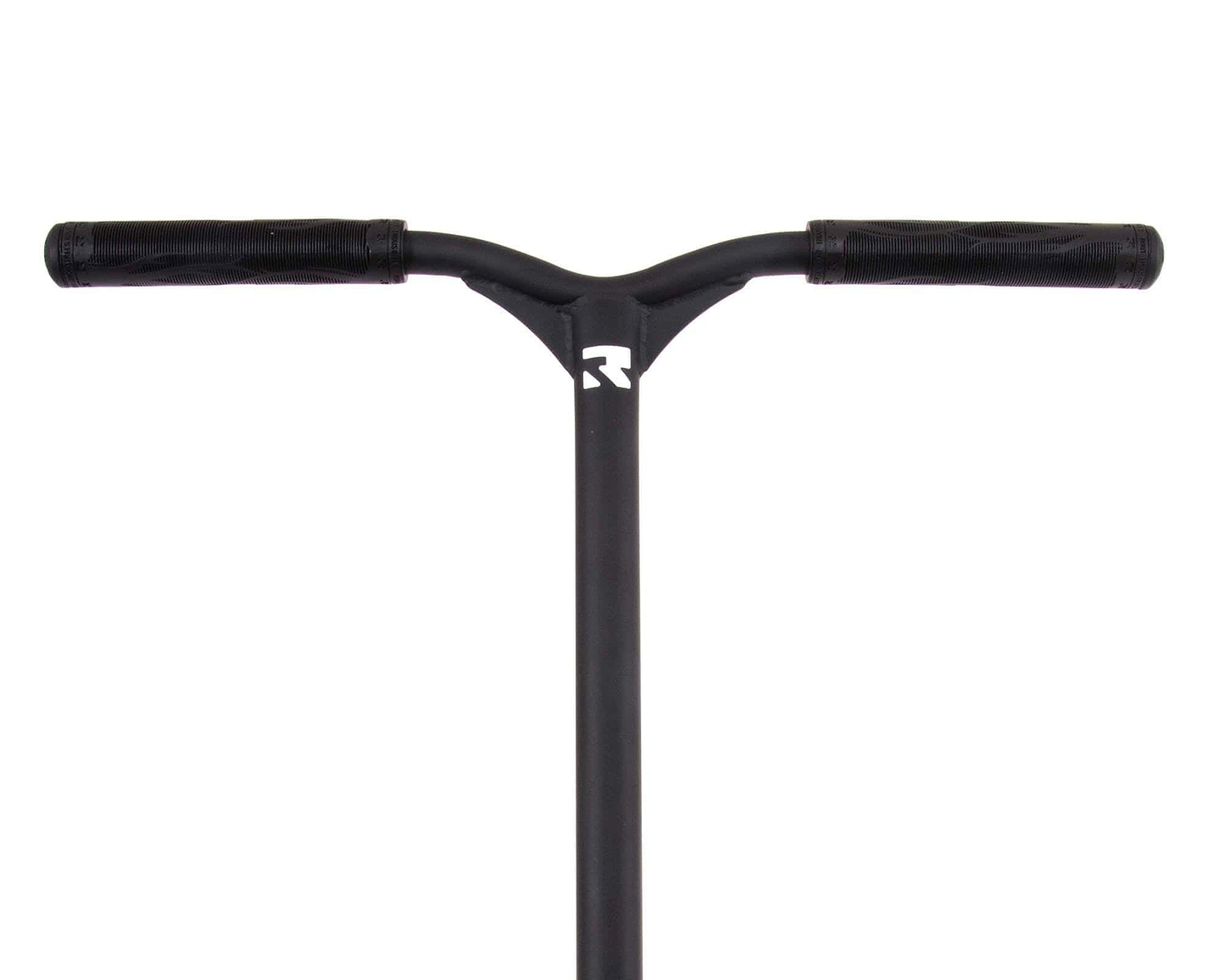 A close-up shot of the handlebar on the Root Industries Type R Complete Stunt Scooter in black showcases its sleek design with rubber grips and a Type R logo near the center. The plain white background highlights its elegant simplicity, making it perfect for any stunt scooter enthusiast.