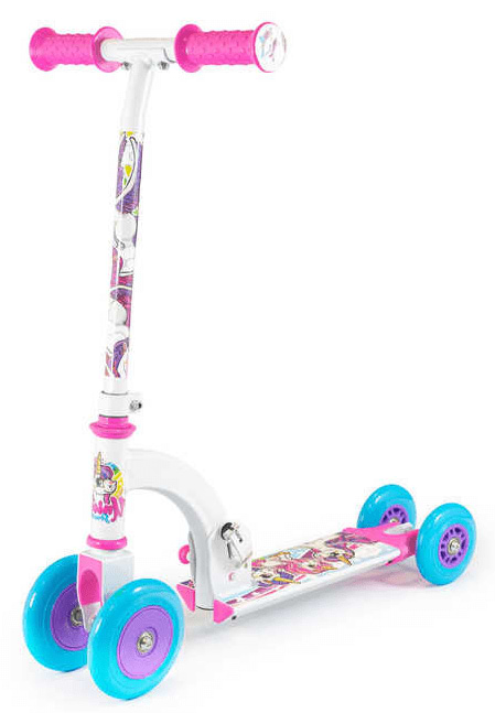 The Ozbozz My First Foldable Kids Kick Scooter - Unicorn by Ozbozz features a white frame, pink handles, and teal and purple wheels. It has cartoon characters on the handlebar stem and footboard. Perfect for children seeking fun on the go!.