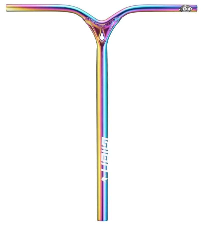 A handlebar with a rainbow-colored oil slick neochrome finish, featuring a white "Grit" logo. This Blunt Envy Union V2 Aluminium IHC stunt scooter bar showcases a distinct Y-bar design and sleek profile, measuring 650mm x 580mm.