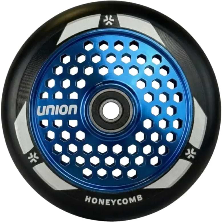 The Union Honeycomb Pro 110mm Stunt Scooter Wheel - Chrome Blue features a blue and black honeycomb-patterned metal core with "UNION" printed on it and the "HONEYCOMB" label at the bottom.