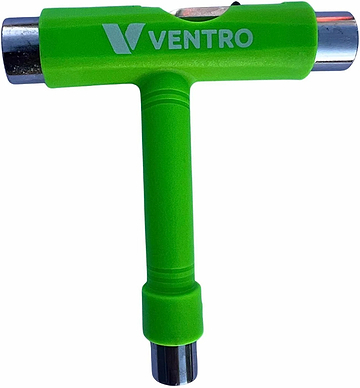 Introducing the Ventro Roller Skates / Skateboard Multi T-Tool in green—crafted by Ventro, this versatile tool features durable metal socket ends and an integrated wrench, making it ideal for adjusting your skateboard or roller skate hardware on the go.