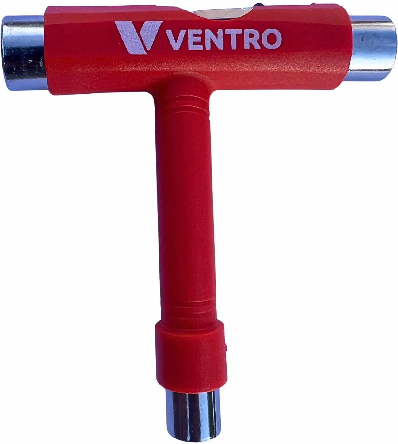 A red Ventro Roller Skates / Skateboard Multi T-Tool, featuring metal sockets at each end and branded with “Ventro,” is designed for effortless adjustment of skateboard hardware. This versatile tool is ideal for convenient on-the-go tuning and maintenance.