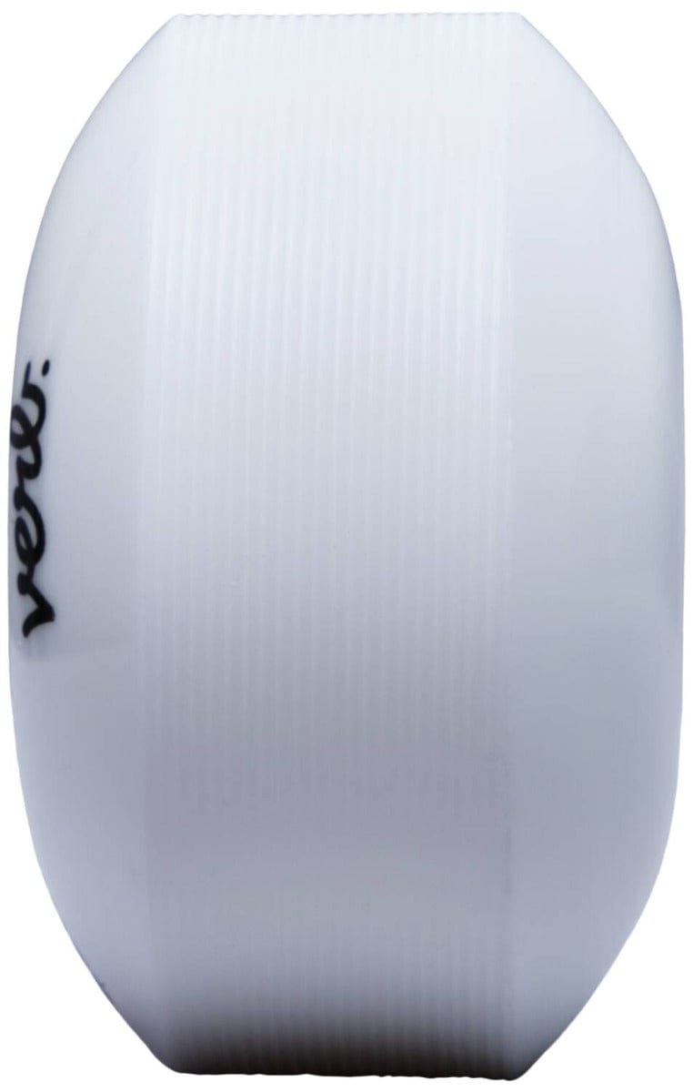 A white cylindrical object with a ribbed texture, featuring a small black logo on the side, reminiscent of the Verb Dip 52mm 99A Skateboard Wheels in Marble Mint Green design.