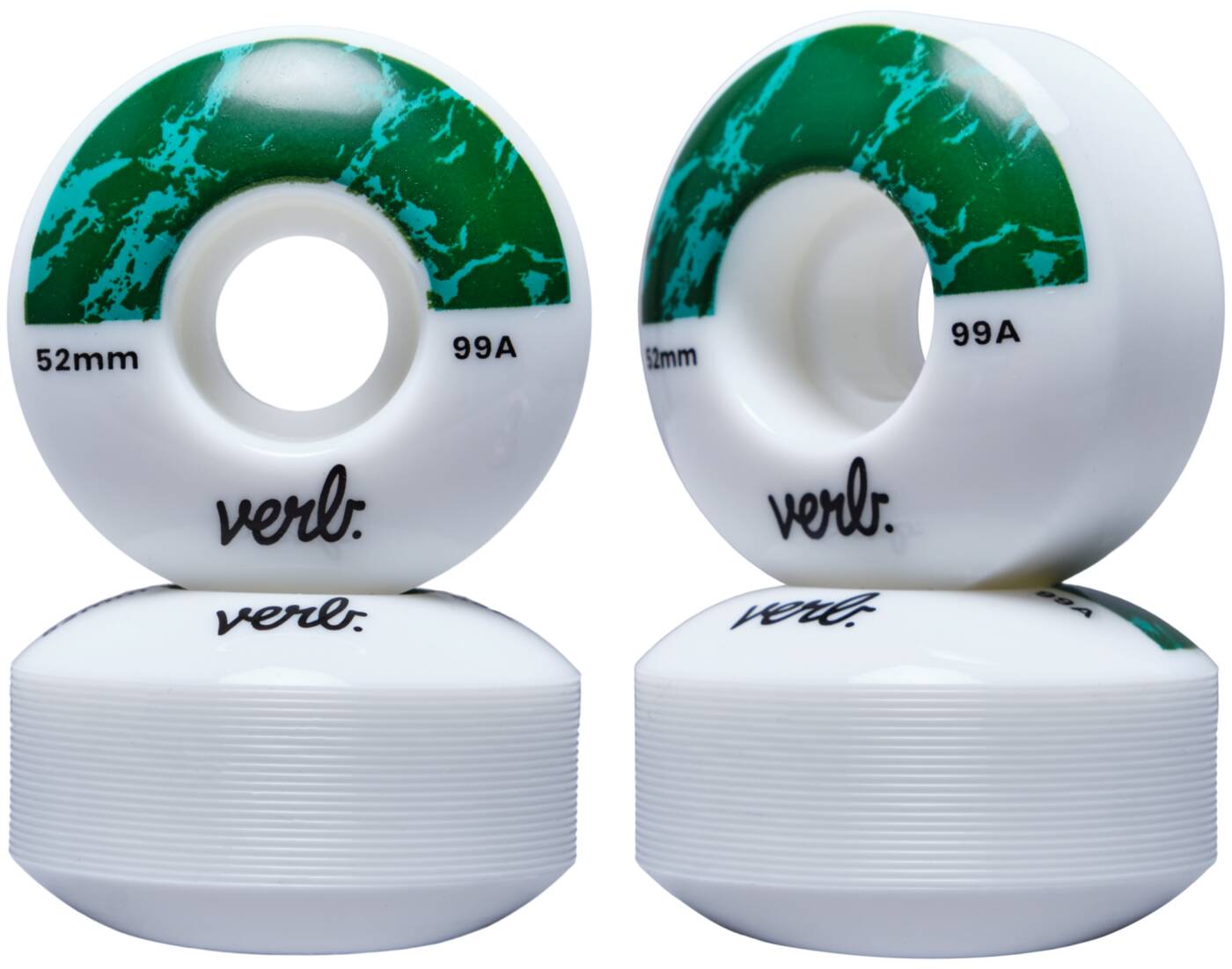The Verb Dip 52mm 99A Skateboard Wheels in Marble Mint Green come in a set of four, stacked in pairs. They showcase an eye-catching marble dip design near the top edge and are crafted from rebound urethane for a smoother ride. Each wheel features "52mm" and "99A," with the brand name "Verb" elegantly printed in black on the side.