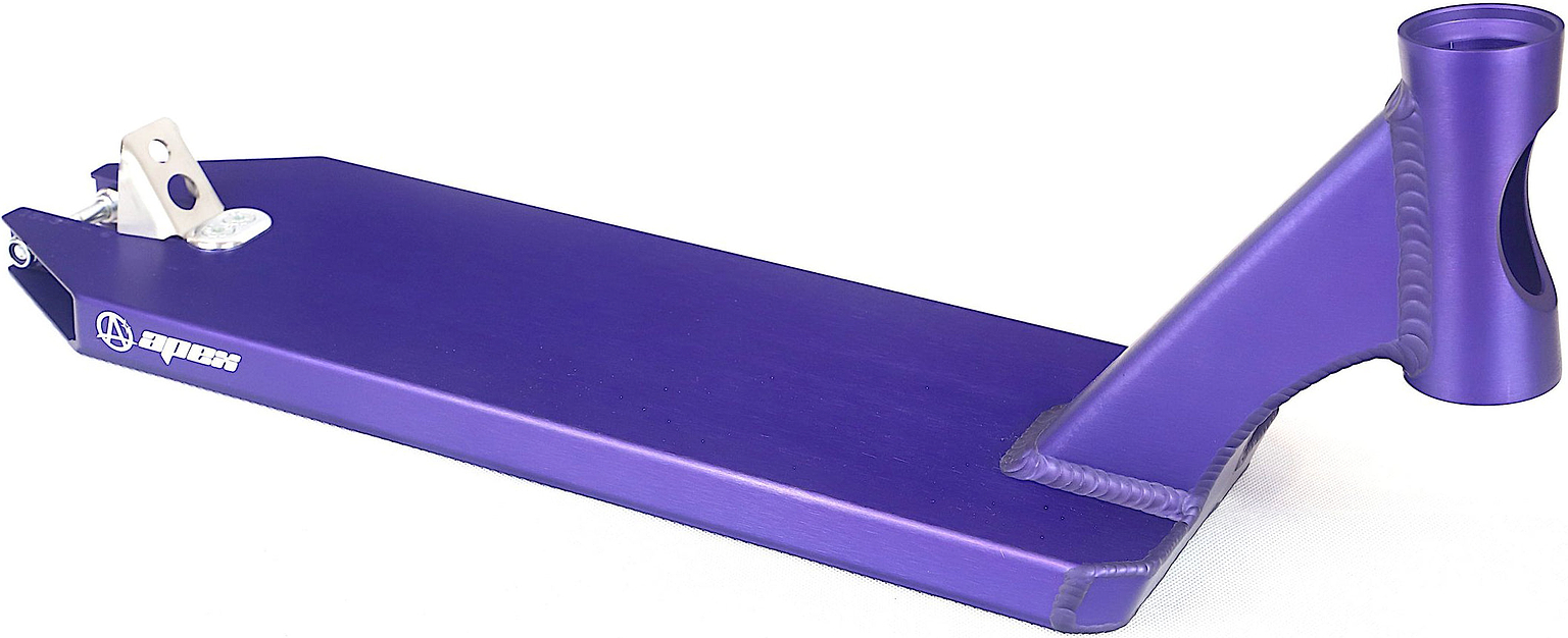 The Apex Angled Violet Stunt Scooter Deck - 6″ by Apex, featuring a 6061-T6 aluminium construction with a silver brake and integrated headtube, is displayed on a white background.