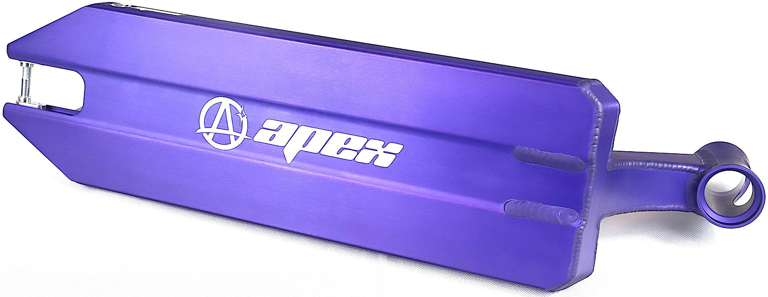 The Apex Angled Violet Stunt Scooter Deck - 6″ by Apex features a bold violet finish with the signature white “apex” logo, a rear cutout design, and a circular front hole for attachment. Precision-crafted from durable 6061-T6 aluminium, this street scooter deck offers angular edges and a sleek metallic appearance.