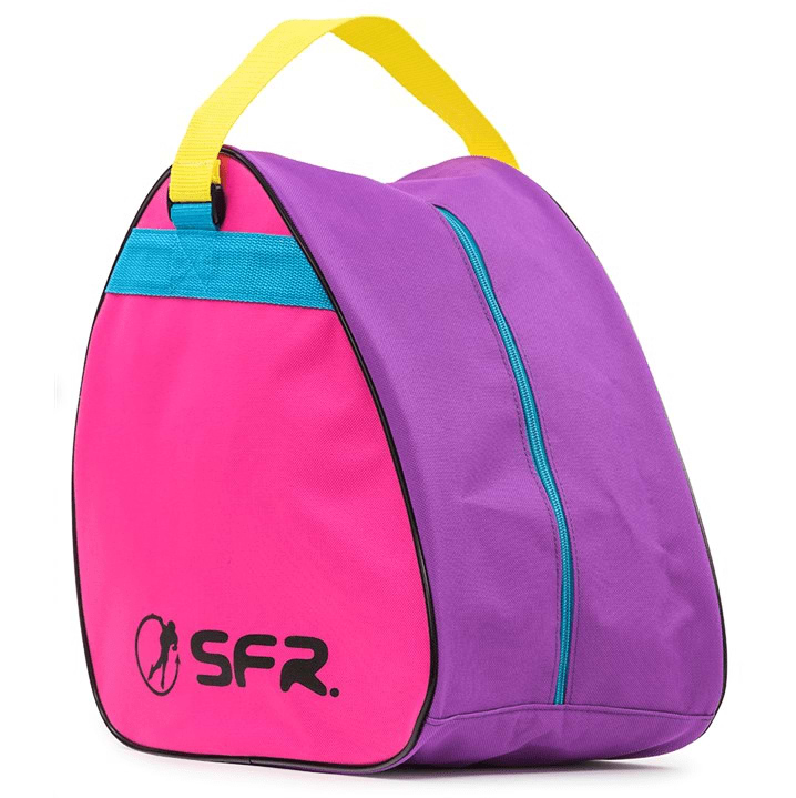 Introducing the SFR Vision Skate Bag - Tropical, a stylish skate bag featuring a pink front, purple sides, and a yellow handle. It includes a turquoise zipper with the "SFR" logo in black emblazoned on the pink panel, perfect for carrying your skates in style.