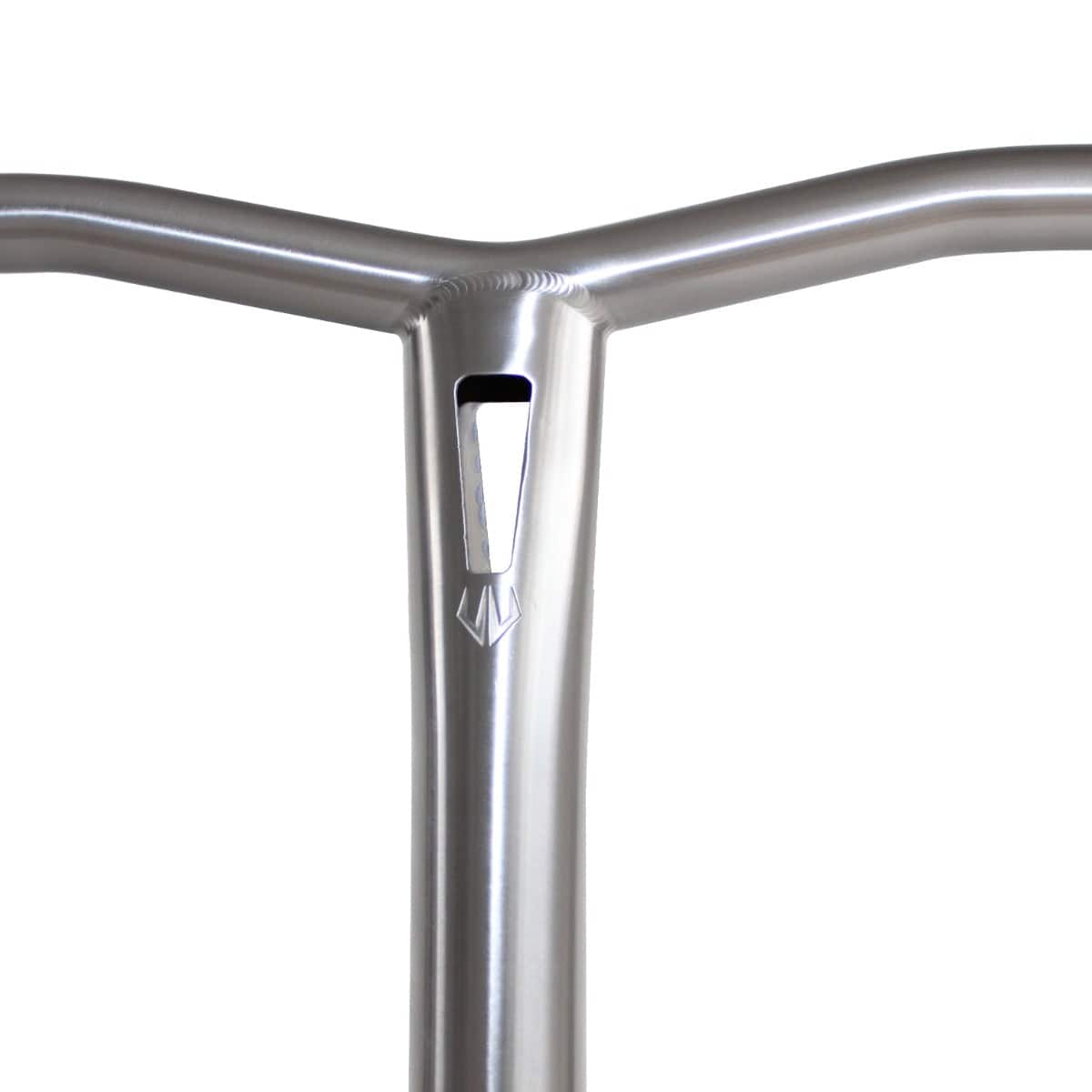Close-up of the Entity Vulcan Titanium Oversized SCS Stunt Scooter Bars in silver, featuring a Grade 9 titanium handlebar with a distinctive triangular cutout and an emblem beneath it. The bar highlights its premium quality with a smooth, shiny finish.