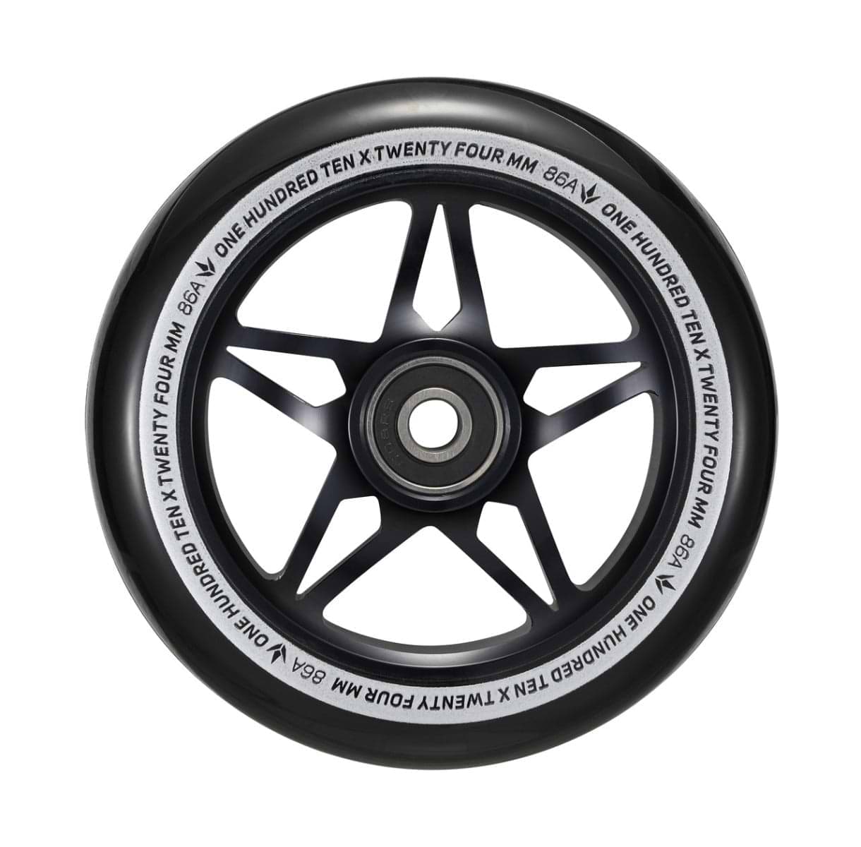 The Blunt Envy One S3 110mm stunt scooter wheel showcases a sleek black five-spoke design. The rim is marked with "One Hundred Ten x Twenty Four mm" and "86A," denoting its size and hardness. This durable Blunt Envy wheel comes equipped with high-quality scooter wheels and ABEC 9 bearings, featuring a central hub for easy mounting.