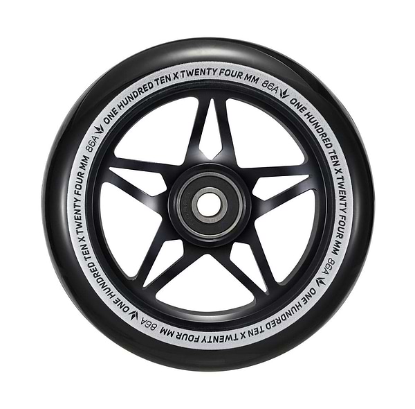 The Blunt Envy One S3 110mm stunt scooter wheel showcases a sleek black five-spoke design. The rim is marked with "One Hundred Ten x Twenty Four mm" and "86A," denoting its size and hardness. This durable Blunt Envy wheel comes equipped with high-quality scooter wheels and ABEC 9 bearings, featuring a central hub for easy mounting.