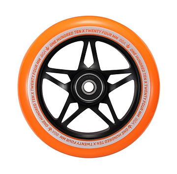 The Blunt Envy One S3 110mm Stunt Scooter Wheel from Blunt Envy showcases a black star-shaped hub set within an orange urethane wheel, complete with visible ABEC 9 bearings. Featuring the text "One Hundred Ten X Twenty Four MM 86A" on the rim, it's engineered to provide exceptional performance and stability for stunt scooters.