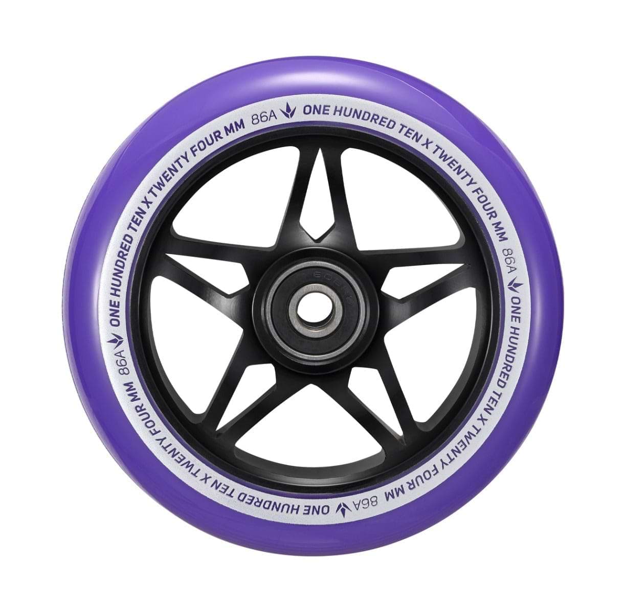 A close-up of a Blunt Envy One S3 110mm Stunt Scooter Wheel in black and purple showcases its black star-shaped inner rim. The edge is adorned with white text, reading "ONE HUNDRED TEN X TWENTY FOUR MM 86A." This wheel is constructed with durable 86A polyurethane and houses an ABEC 9 bearing at the center, ensuring optimal performance.