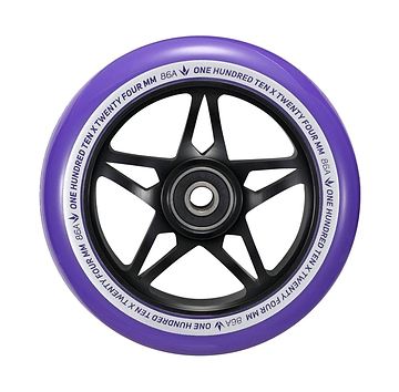 A close-up of a Blunt Envy One S3 110mm Stunt Scooter Wheel in black and purple showcases its black star-shaped inner rim. The edge is adorned with white text, reading "ONE HUNDRED TEN X TWENTY FOUR MM 86A." This wheel is constructed with durable 86A polyurethane and houses an ABEC 9 bearing at the center, ensuring optimal performance.