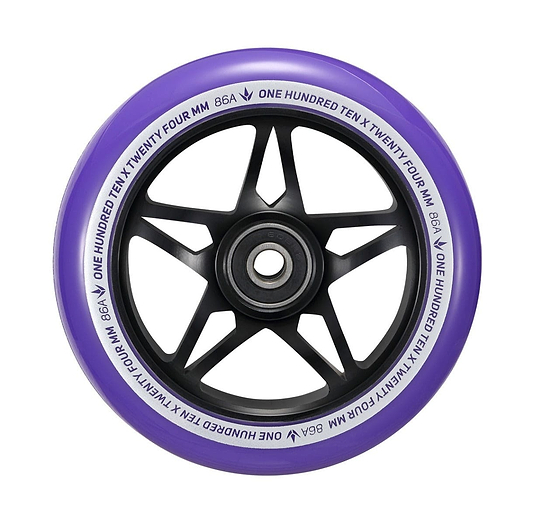A close-up of a Blunt Envy One S3 110mm Stunt Scooter Wheel in black and purple showcases its black star-shaped inner rim. The edge is adorned with white text, reading "ONE HUNDRED TEN X TWENTY FOUR MM 86A." This wheel is constructed with durable 86A polyurethane and houses an ABEC 9 bearing at the center, ensuring optimal performance.