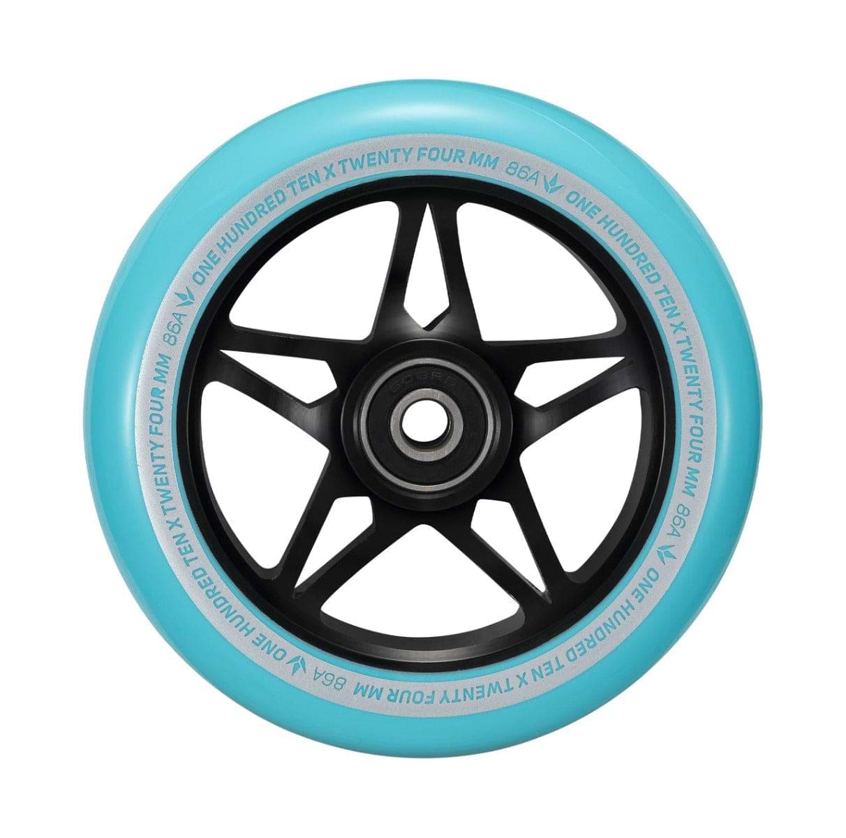 A close-up of the Blunt Envy One S3 110mm stunt scooter wheel in black and teal, featuring a turquoise rim and labeled "ONE HUNDRED TEN x TWENTY FOUR MM" and "68A." It is equipped with ABEC 9 bearings for a smooth ride and showcases a star-shaped spoke design. Ideal for Blunt Envy enthusiasts aiming for top performance.