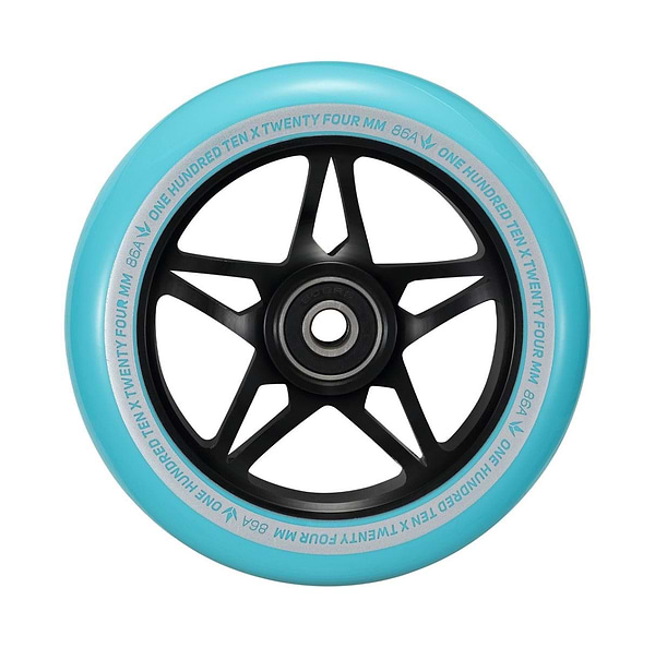 A close-up of the Blunt Envy One S3 110mm stunt scooter wheel in black and teal, featuring a turquoise rim and labeled "ONE HUNDRED TEN x TWENTY FOUR MM" and "68A." It is equipped with ABEC 9 bearings for a smooth ride and showcases a star-shaped spoke design. Ideal for Blunt Envy enthusiasts aiming for top performance.