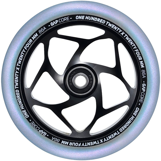 A detailed view of a Blunt Envy 120mm GAP Core Stunt Scooter Wheel, showcasing its black, spoked core with white "One Hundred Twenty Four MM 86A - GAP CORE" lettering around the rim. The wheel's outer edge features a slightly iridescent finish, similar to the sleek design seen in Blunt Envy stunt scooter wheels.