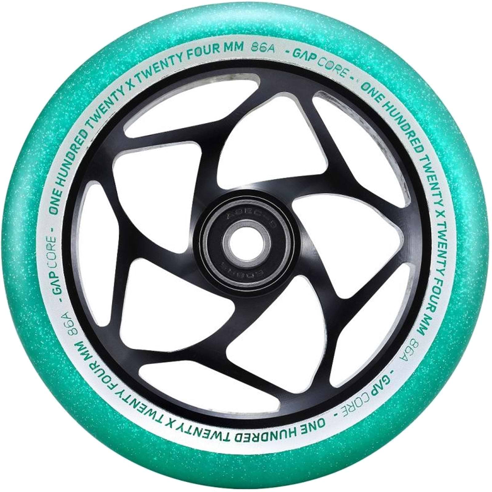 Introducing the Blunt Envy 120mm GAP Core Stunt Scooter Wheel in black and jade, featuring an intricate spoked hub design. The text on the wheel boasts "ONE HUNDRED TWENTY FOUR MM 86A" and "GAP CORE." Perfect for Blunt Envy stunt scooters, it delivers excellent performance with ABEC 9 bearings.
