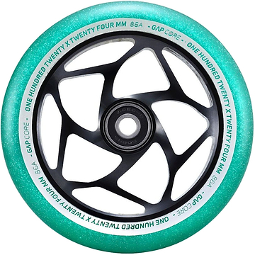 Introducing the Blunt Envy 120mm GAP Core Stunt Scooter Wheel in black and jade, featuring an intricate spoked hub design. The text on the wheel boasts "ONE HUNDRED TWENTY FOUR MM 86A" and "GAP CORE." Perfect for Blunt Envy stunt scooters, it delivers excellent performance with ABEC 9 bearings.