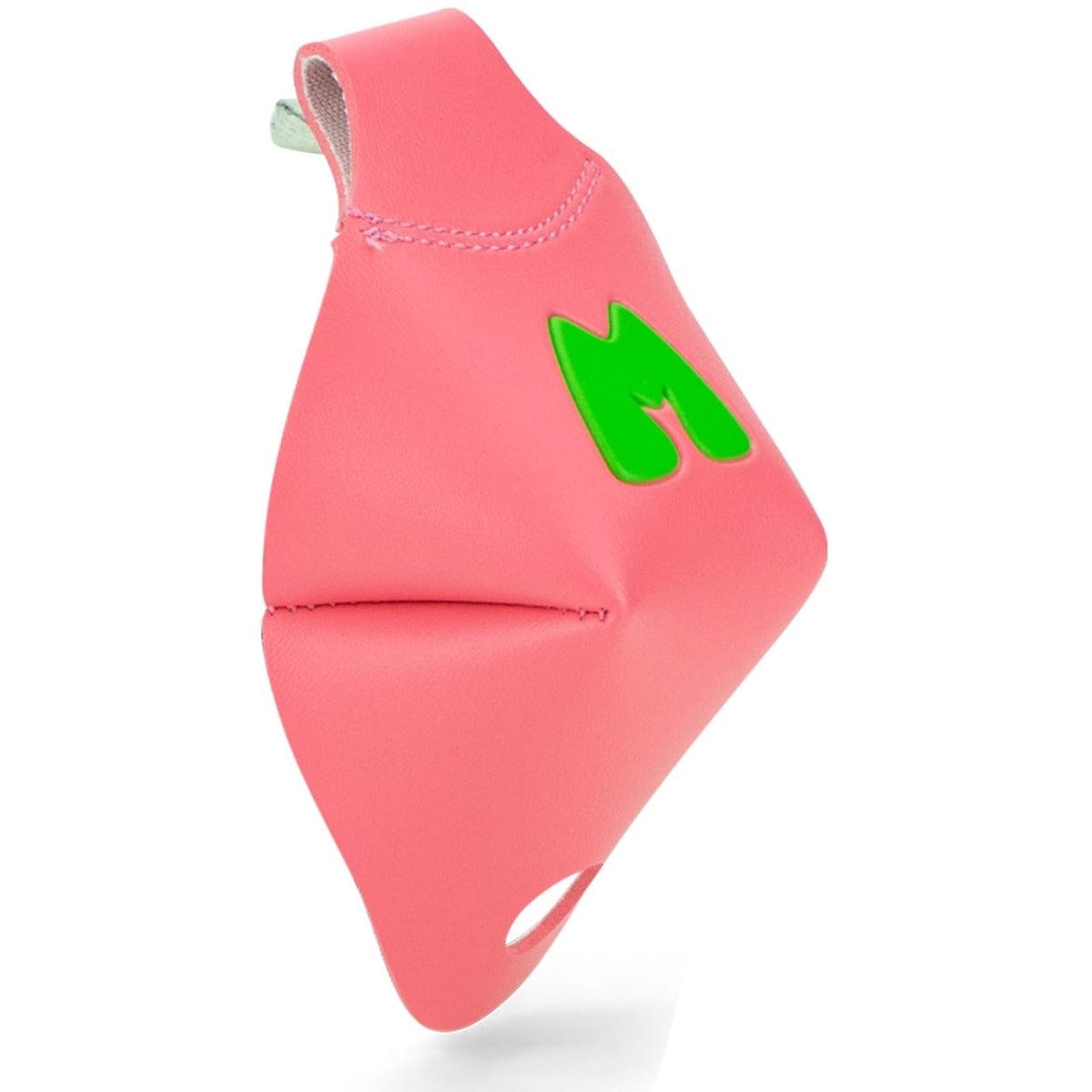 A face mask inspired by Moxi's energetic style, featuring a pink design with a green "M" logo on the side, similar to the spirited look of the Moxi Beach Bunny Roller Skate Toe Caps - Watermelon. It has a structured shape and an ear placement hole, ideal for roller skate enthusiasts.