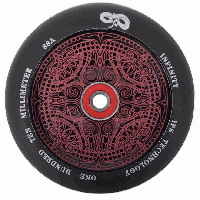 The Infinity Spirit 120mm Stunt Scooter Wheel - Red showcases a detailed red and black intricate pattern with Hollowcore technology for improved performance. It features an Infinity stylized symbol atop the design and is ideal for stunt scooters equipped with ABEC 9 bearings.