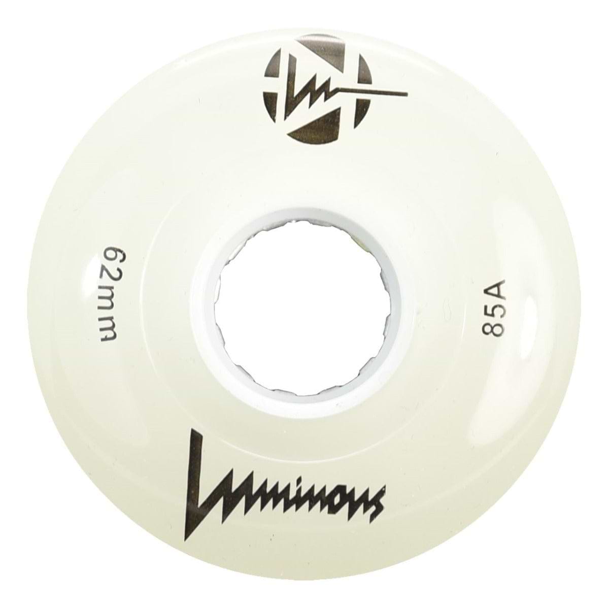 A white Luminous LED 85A Quad Roller Skate Wheel, 62mm, features "Luminous" branding, "62 mm," "85A durometer," and a black logo printed on it.