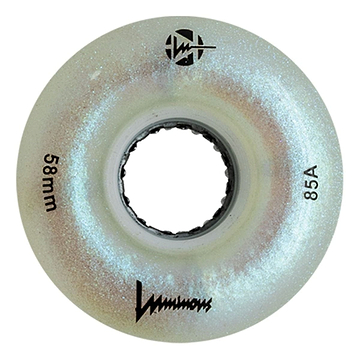 The Luminous LED 85A Quad Roller Skate Wheels in White Glitter, with a 58mm diameter and an 85A hardness, are perfect for vibrant skating sessions. These wheels shimmer transparently as you glide across the rink.