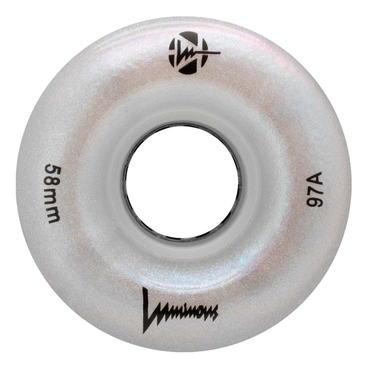 Close-up of a luminous white urethane skate wheel with a smooth finish. This 58mm, 97A wheel proudly displays the Luminous Wheels logo, with the word "Luminous" prominently printed on it. The simple white background highlights the Luminous LED 97A Quad Roller Skate Wheels - White Pearl.