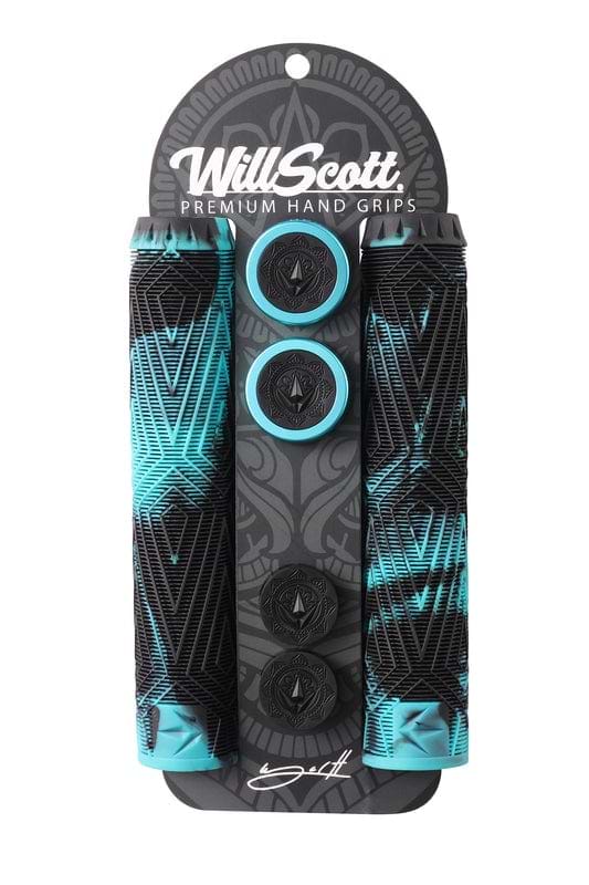 A package of Blunt Envy Will Scott Black / Teal Stunt Scooter Grips, featuring a geometric pattern made from durable thermoplastic rubber. The set includes two grips and four end plugs on branded cardboard backing.