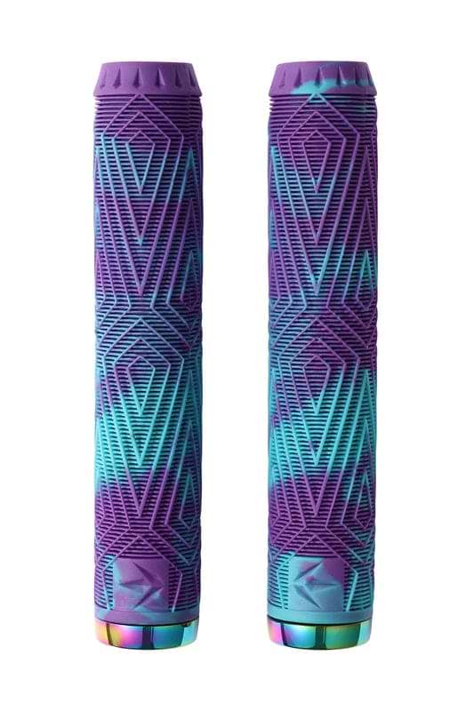 The Blunt Envy Will Scott Purple/Teal Stunt Scooter Grips - 170mm are crafted using thermoplastic rubber compounds and feature vibrant geometric patterns in shades of purple, blue, and teal. These premium grips offer raised textures for enhanced grip and include a multicolored end cap with an interchangeable halo bar end design.