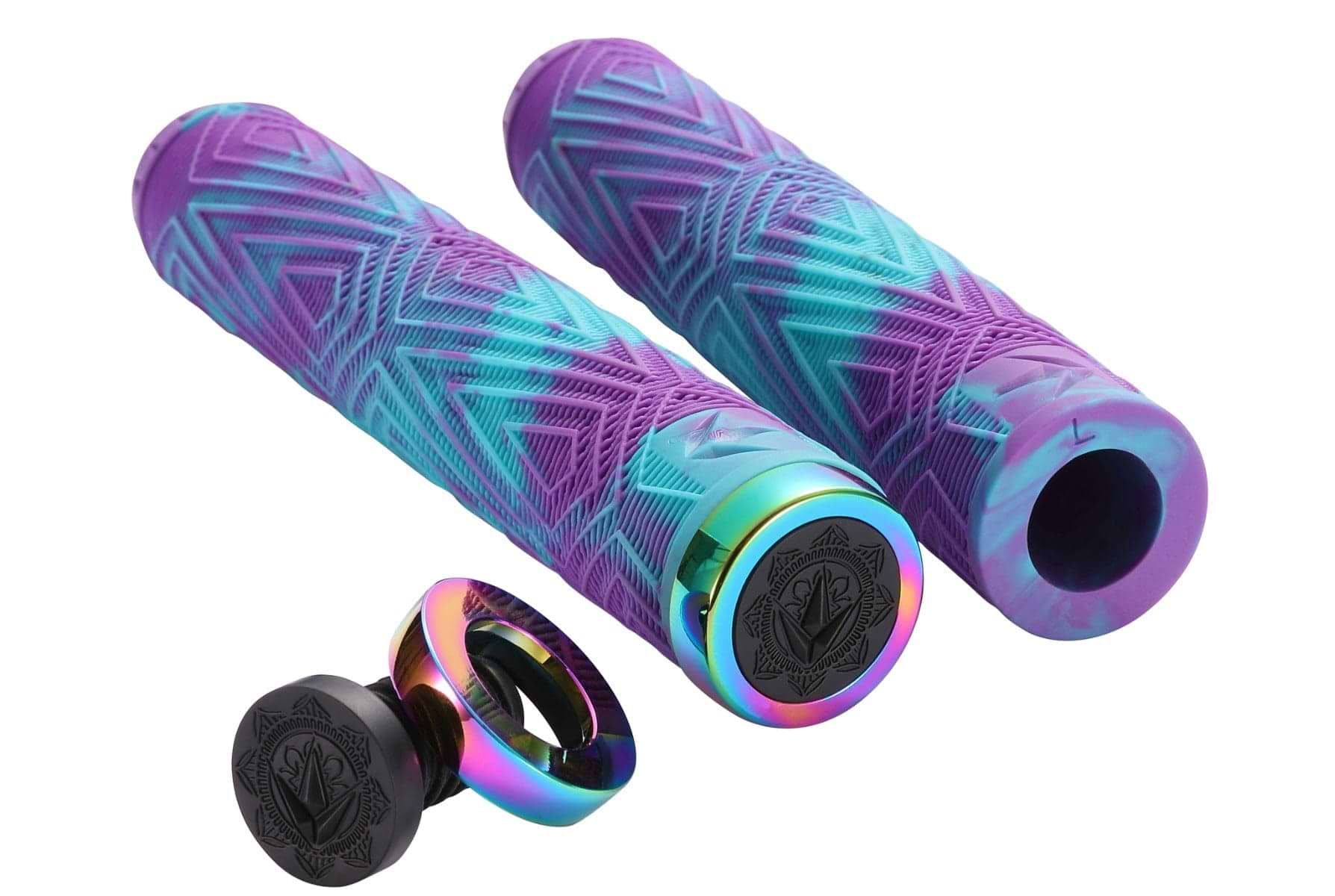 The Blunt Envy Will Scott Purple / Teal Stunt Scooter Grips - 170mm are crafted from high-quality thermoplastic rubber compounds, featuring a geometric pattern in vivid purple, blue, and teal tones with matching end caps. The textured design ensures a stylish and secure grip.