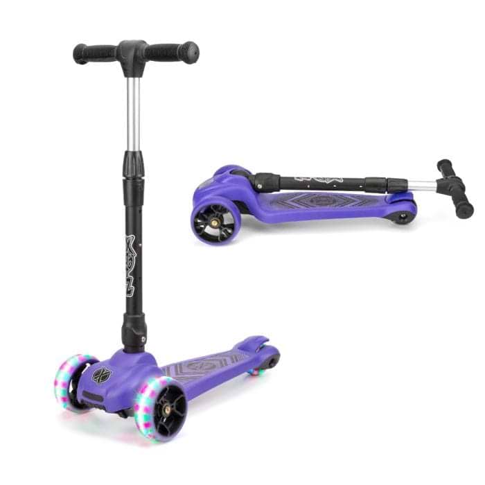 The Xootz Scout Foldable Tri-Scooter in purple is presented both fully assembled and folded, featuring LED lights on the front wheels. It includes an adjustable T-shaped handlebar and boasts a stylish design on the deck.